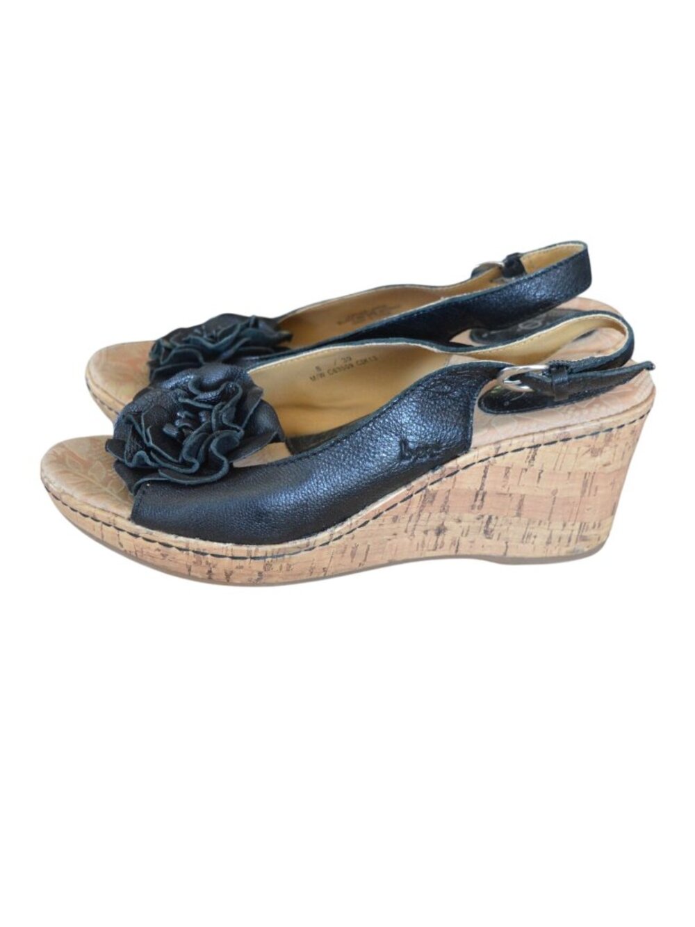 B.O.C. Born Concept Blossom Black Cork Wedge Sandals Women's Size 8 Boho Casual